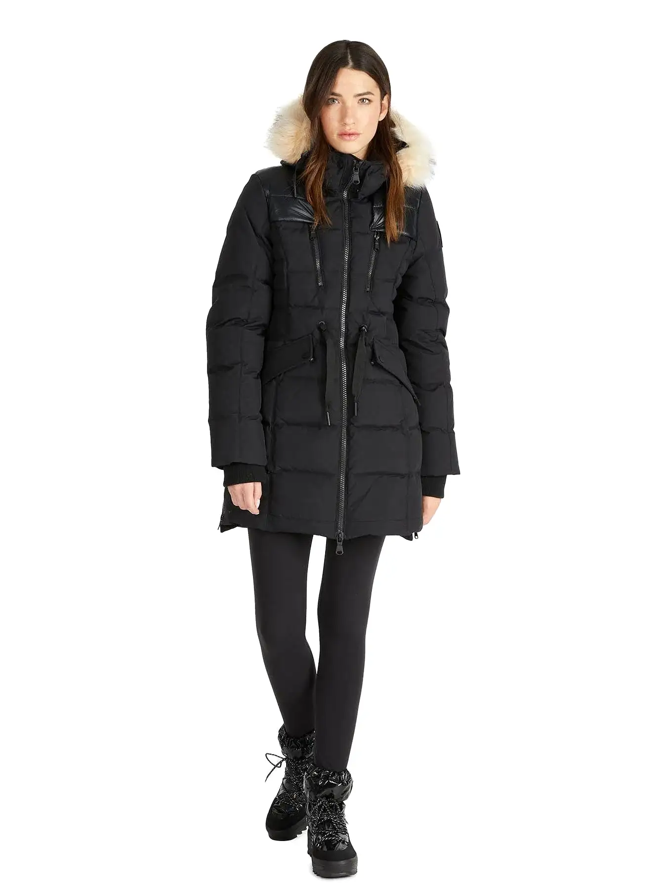 Pajar Womens Alia Mixed Media Quilted Parka with Det Hood Fur Trim - BLACK