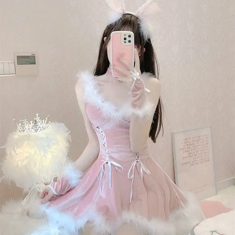 Pink Sexy bandage Plush suspender dress by0399