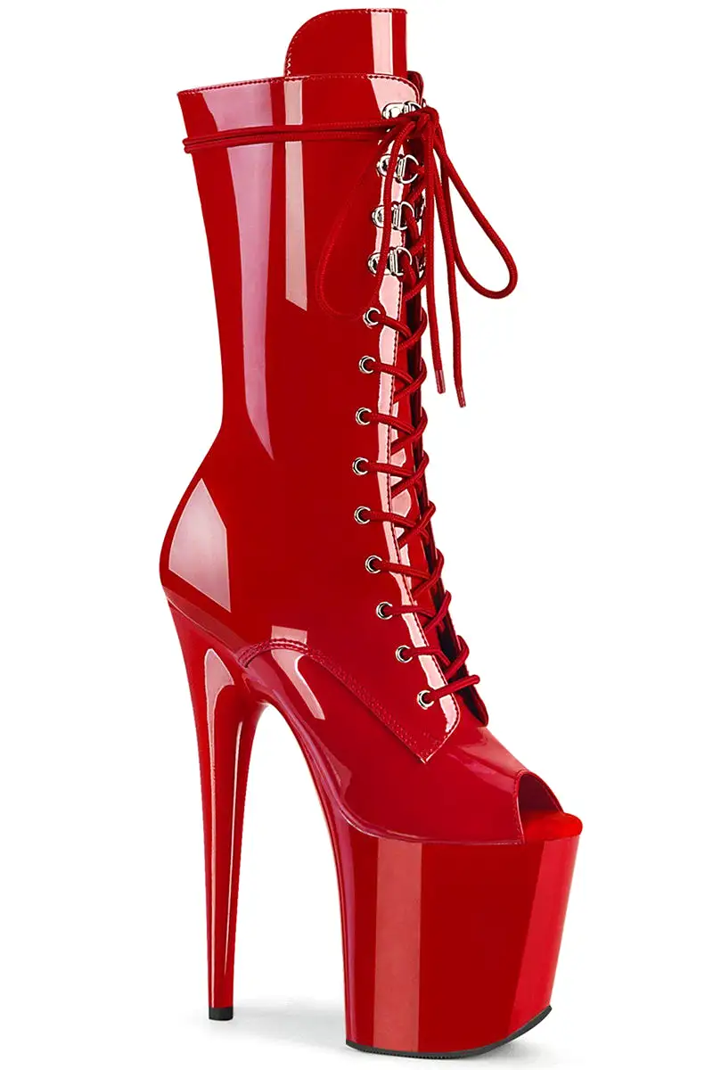 Pleaser USA Flamingo-1051 8inch Peep Toe Pleaser Boots - Patent Red