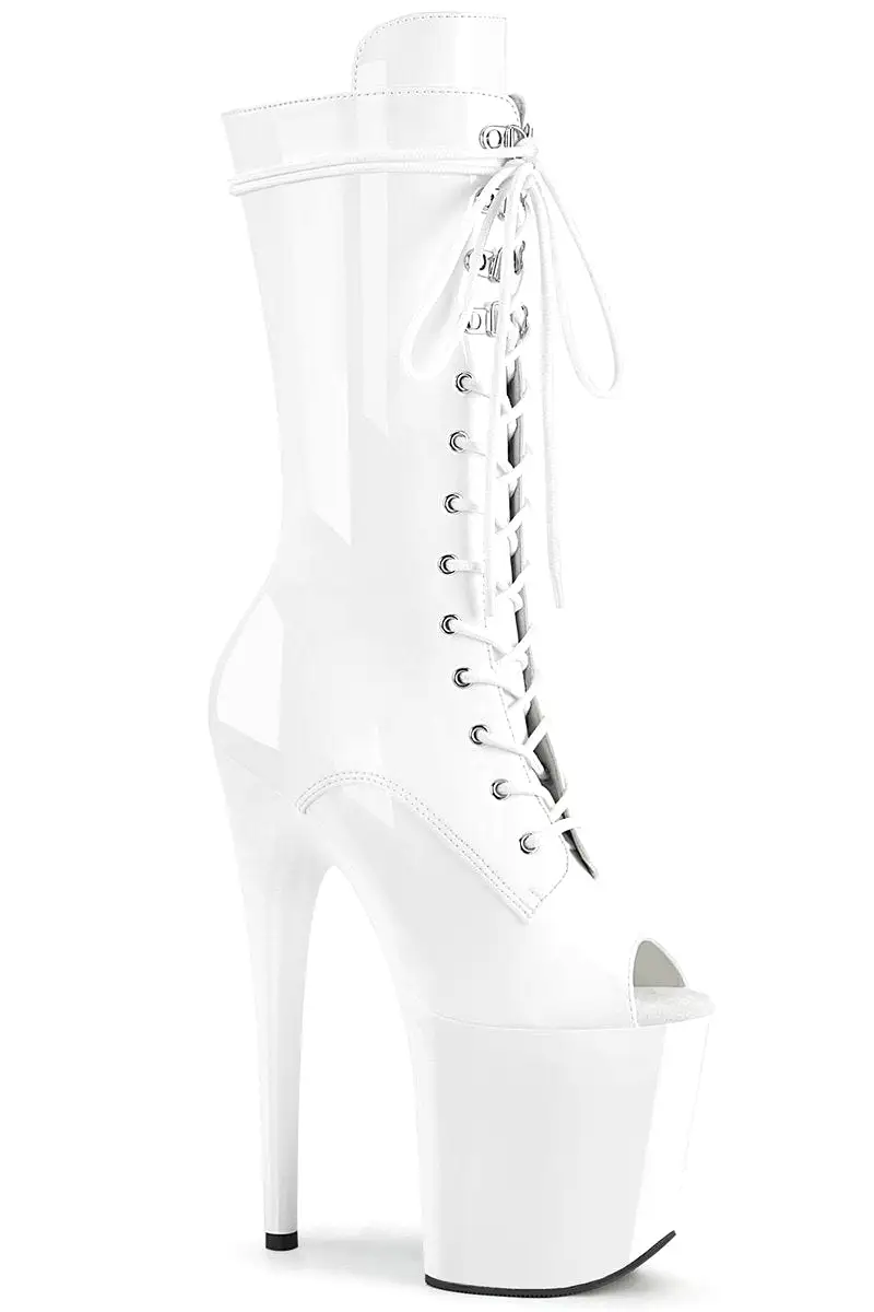 Pleaser USA Flamingo-1051 8inch Peep Toe Pleaser Boots - Patent White