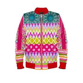 Red Calypso Patchwork Unisex Satin Bomber Jacket