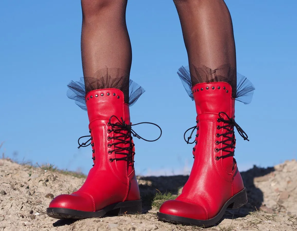 Red genuine leather boots,women genuine leather boots,extravagant red leather boots