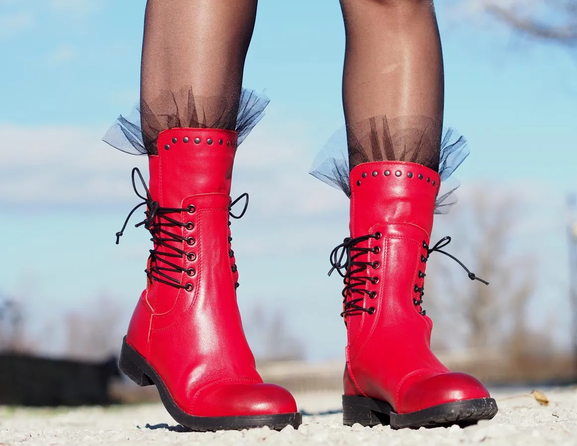 Red genuine leather boots,women genuine leather boots,extravagant red leather boots