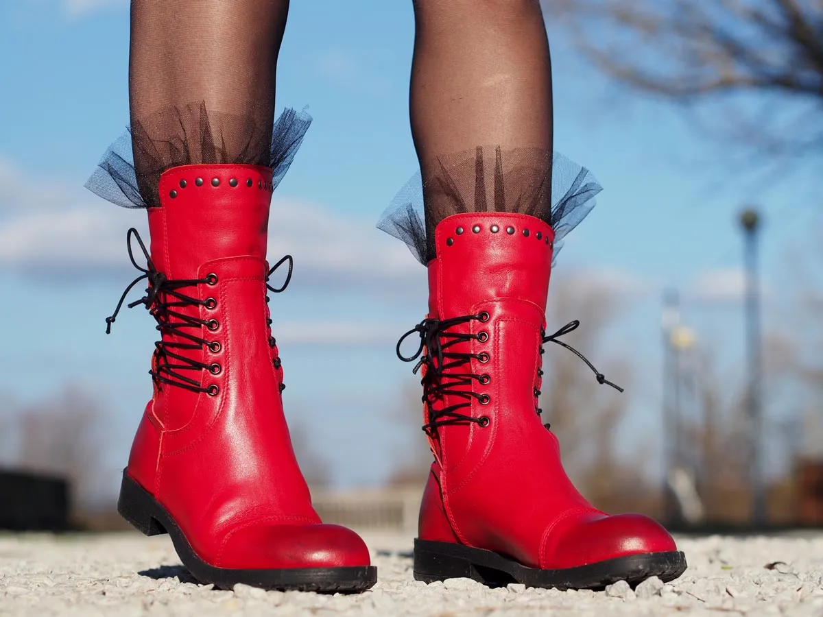 Red genuine leather boots,women genuine leather boots,extravagant red leather boots