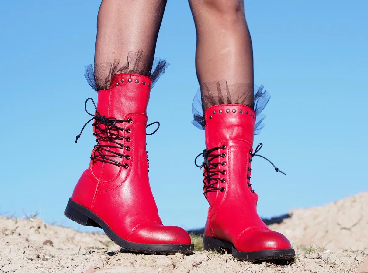 Red genuine leather boots,women genuine leather boots,extravagant red leather boots