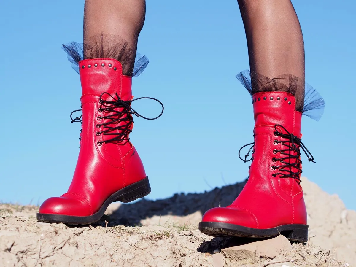 Red genuine leather boots,women genuine leather boots,extravagant red leather boots