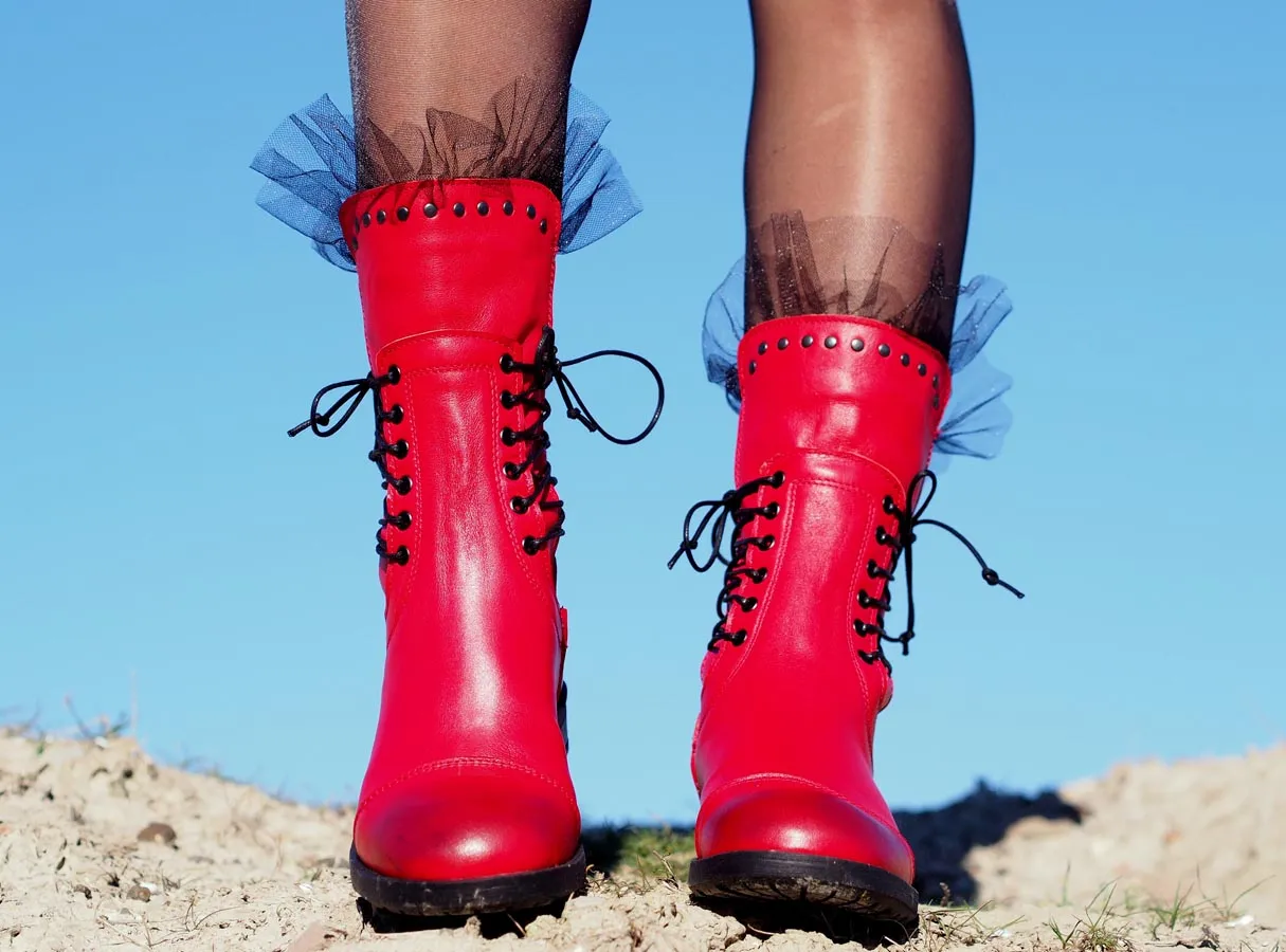 Red genuine leather boots,women genuine leather boots,extravagant red leather boots