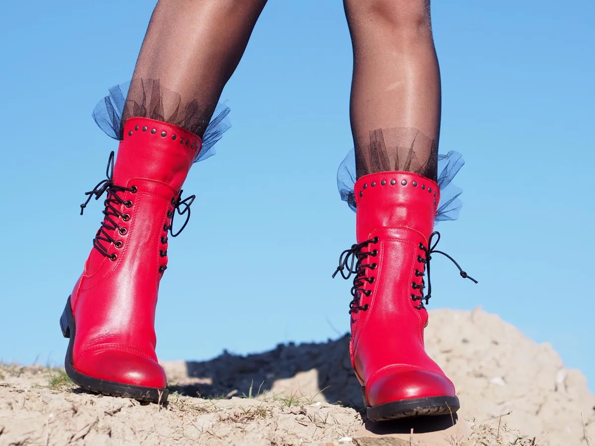 Red genuine leather boots,women genuine leather boots,extravagant red leather boots