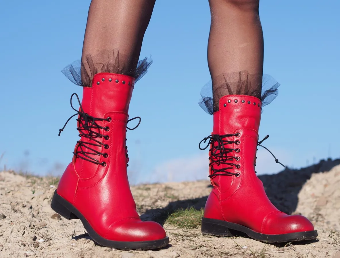 Red genuine leather boots,women genuine leather boots,extravagant red leather boots