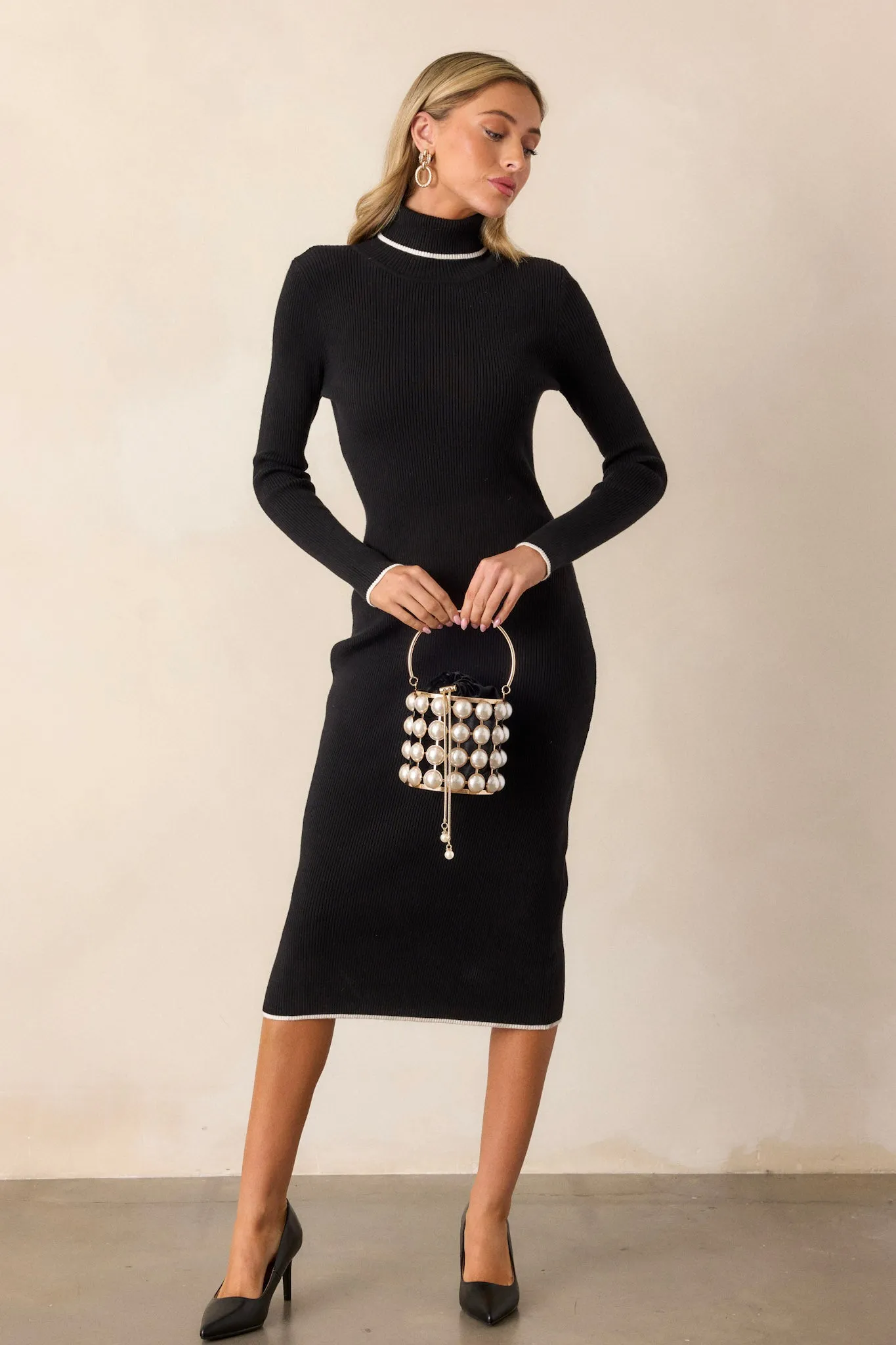 Sleek Chic Black Ribbed Midi Sweater Dress