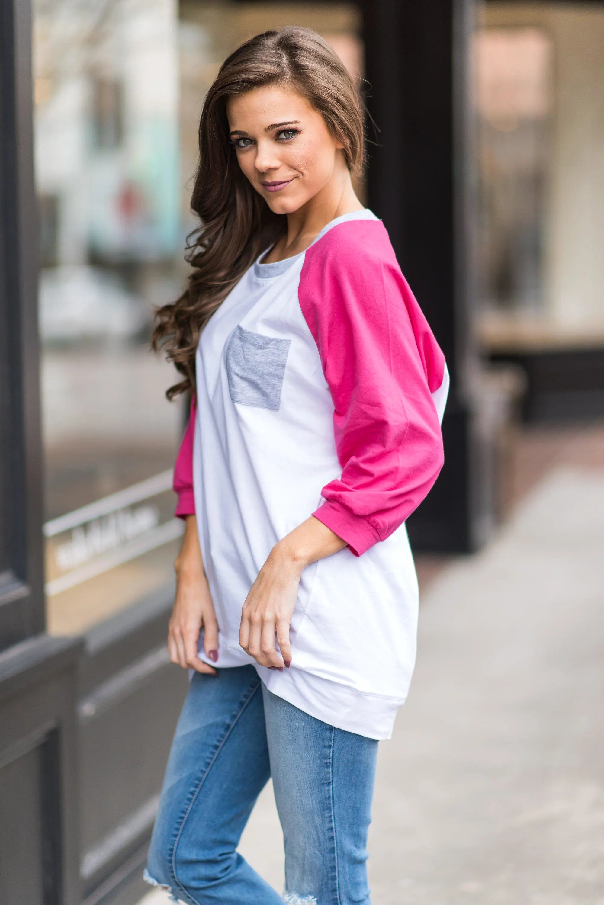 Slouchy Dolman Fuchsia Pink Raglan Tunic w/Pocket