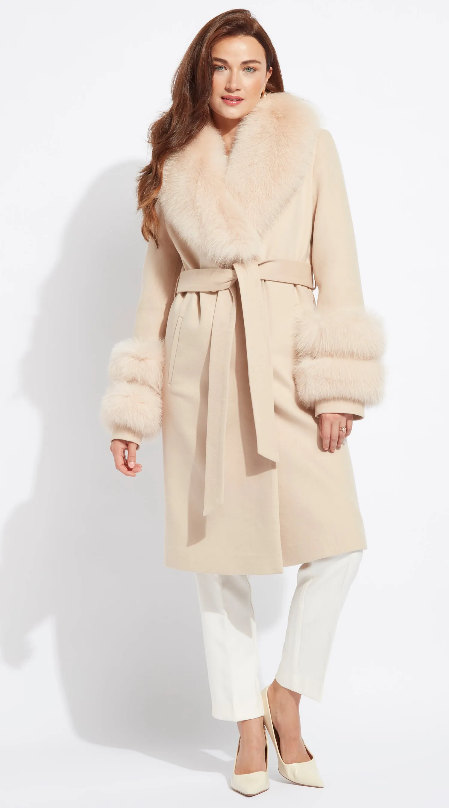 Supreme Luxy Cashmere & Fox Fur Belted Coat - Beige