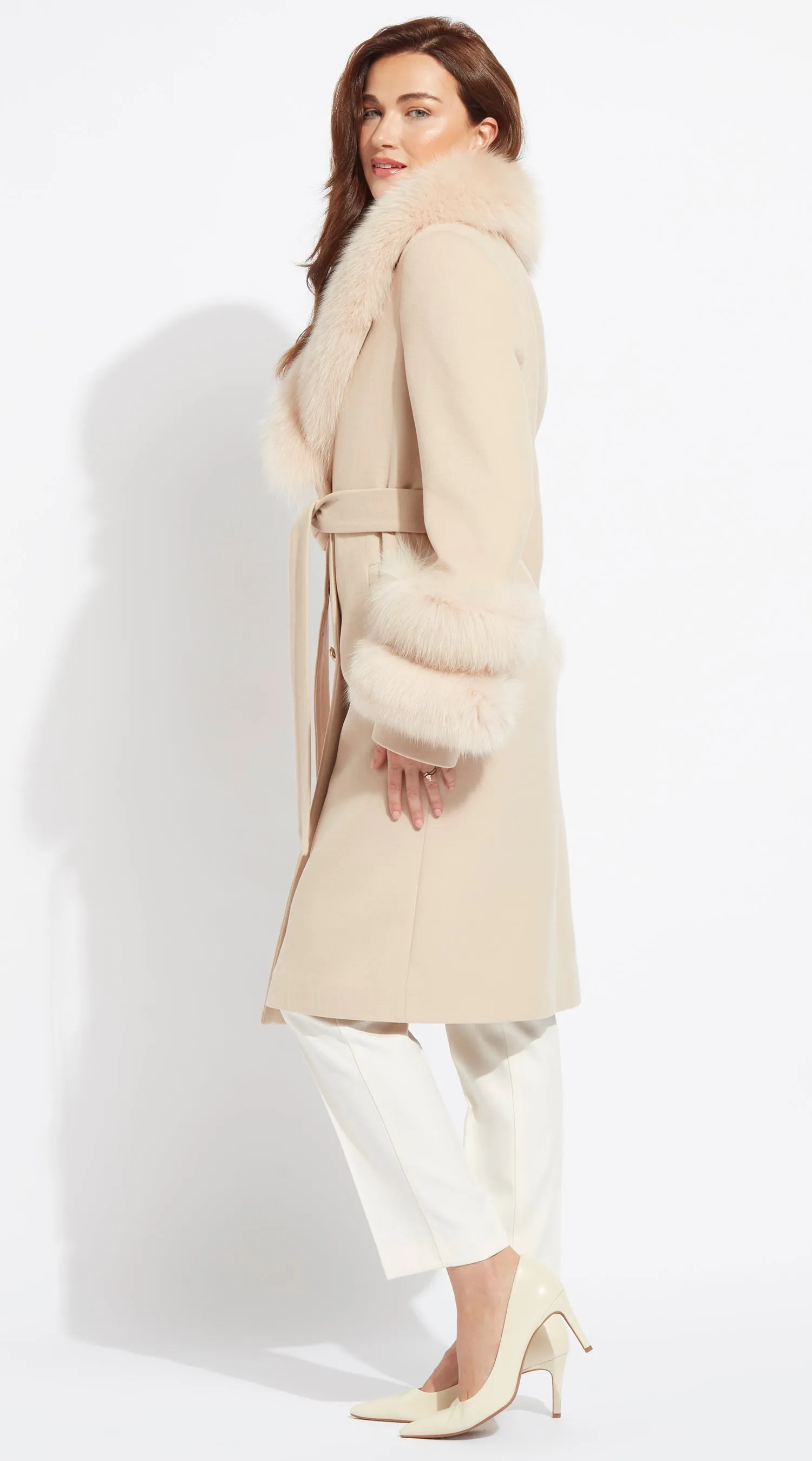 Supreme Luxy Cashmere & Fox Fur Belted Coat - Beige