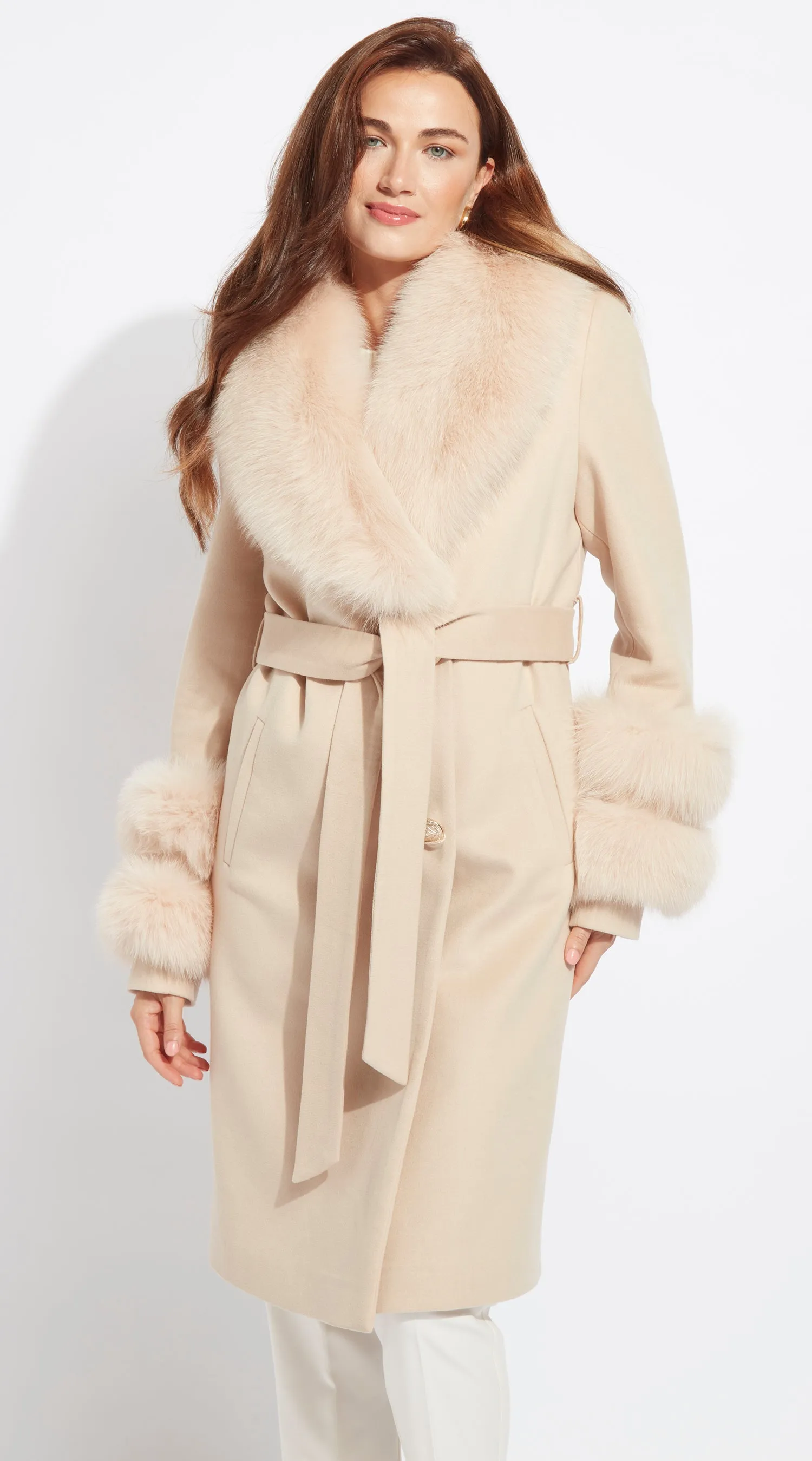 Supreme Luxy Cashmere & Fox Fur Belted Coat - Beige