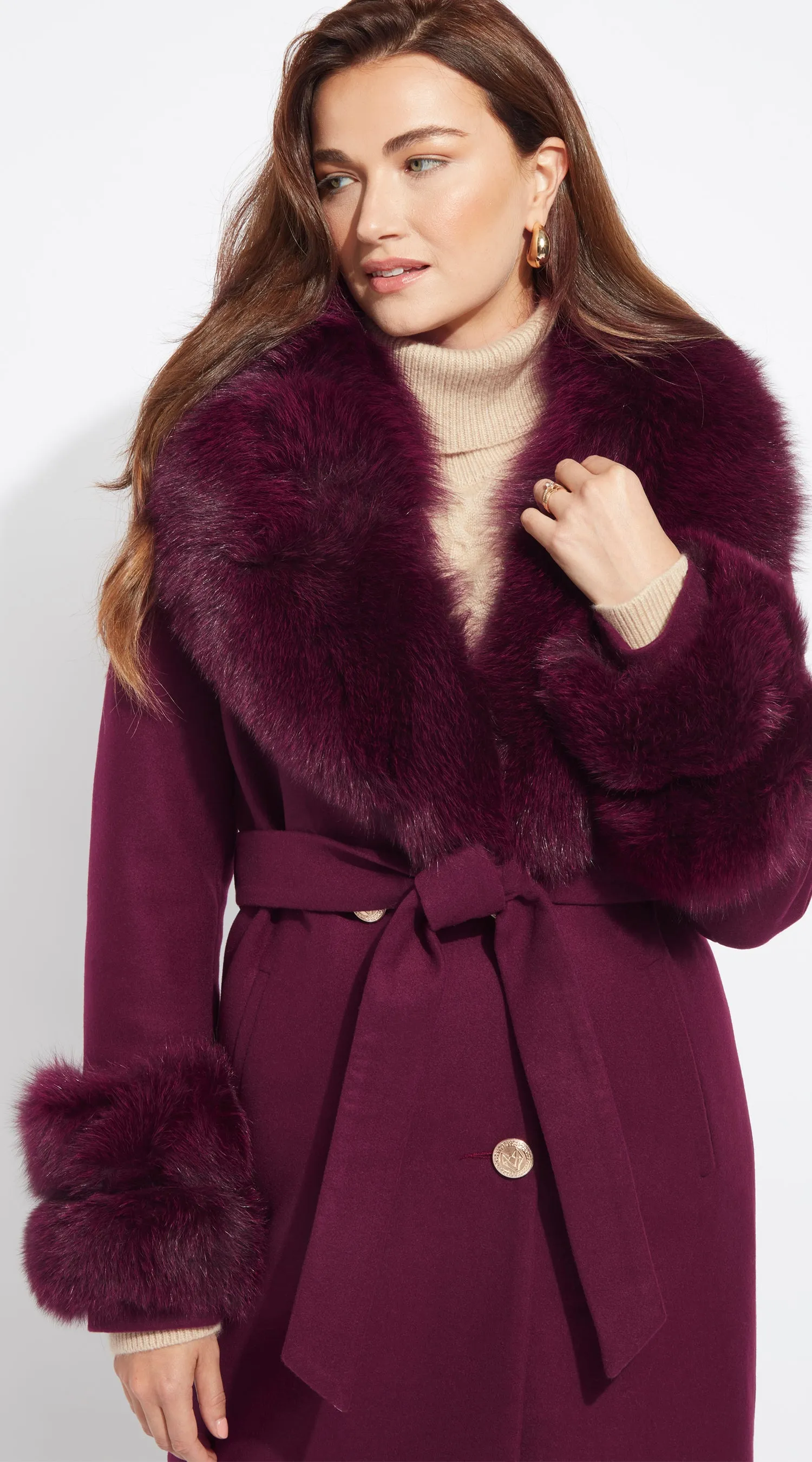 Supreme Luxy Cashmere & Fox Fur Belted Coat - Bordeaux