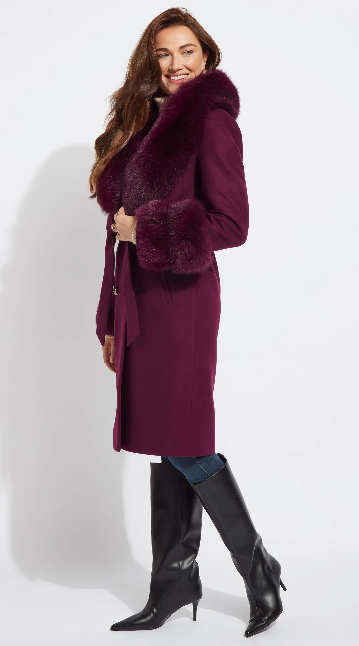 Supreme Luxy Cashmere & Fox Fur Belted Coat - Bordeaux