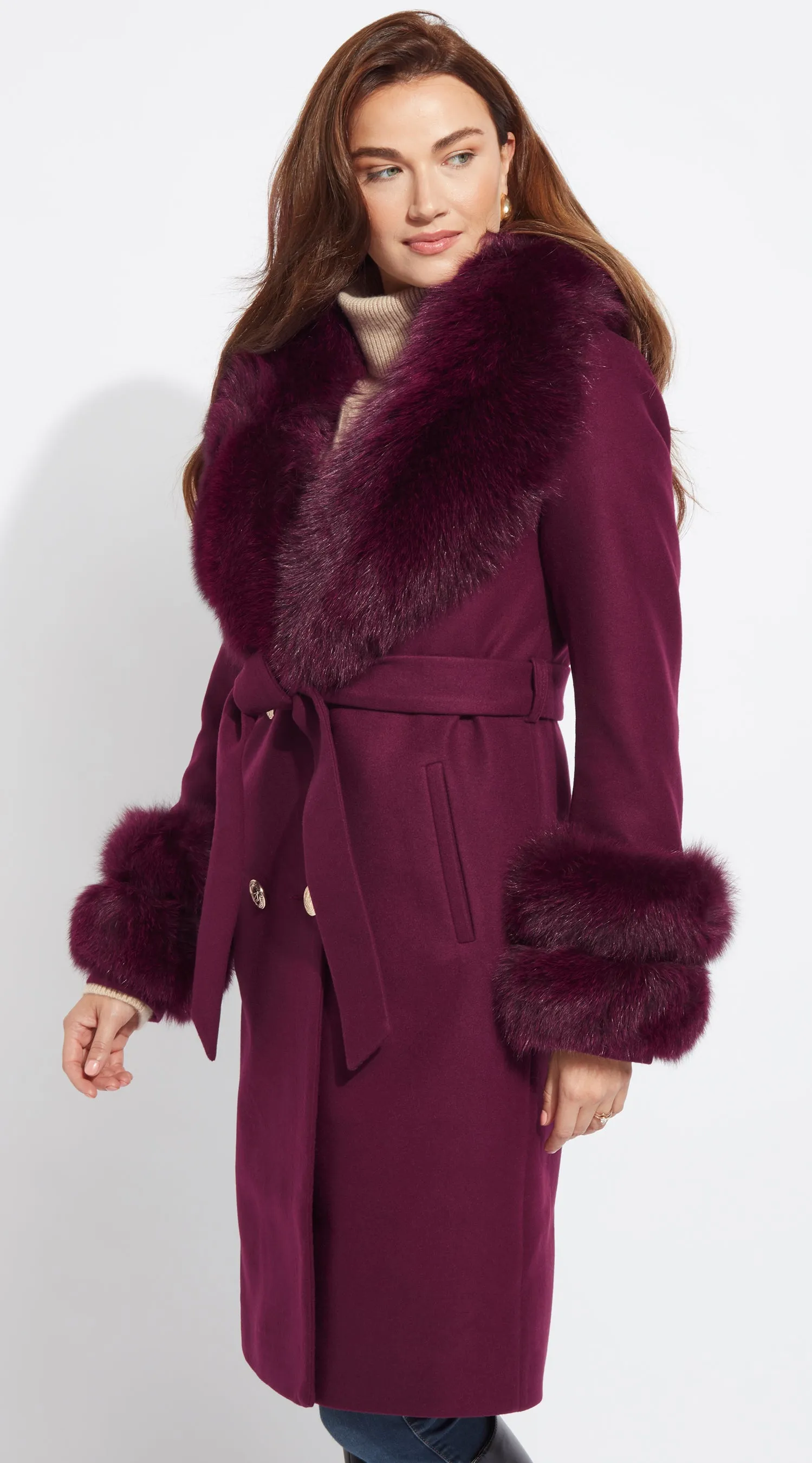 Supreme Luxy Cashmere & Fox Fur Belted Coat - Bordeaux