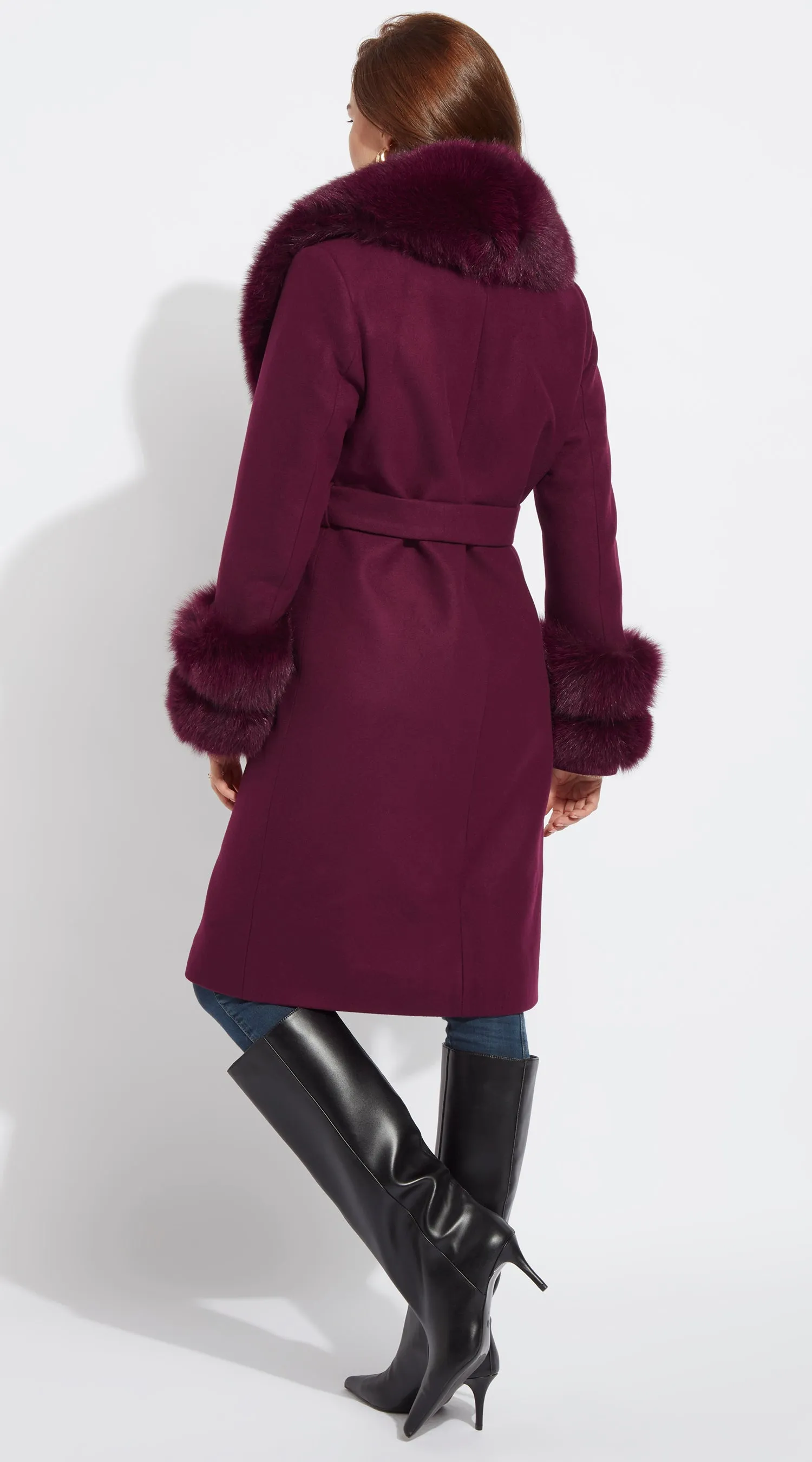 Supreme Luxy Cashmere & Fox Fur Belted Coat - Bordeaux