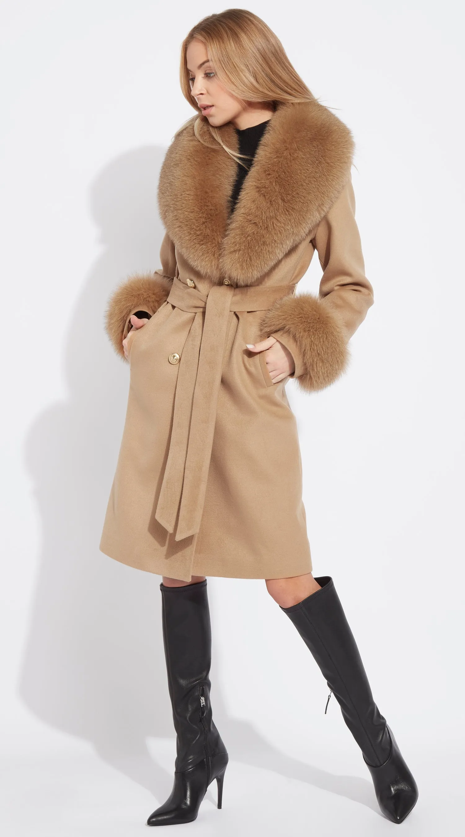 Supreme Luxy Cashmere & Fox Fur Belted Coat - Camel