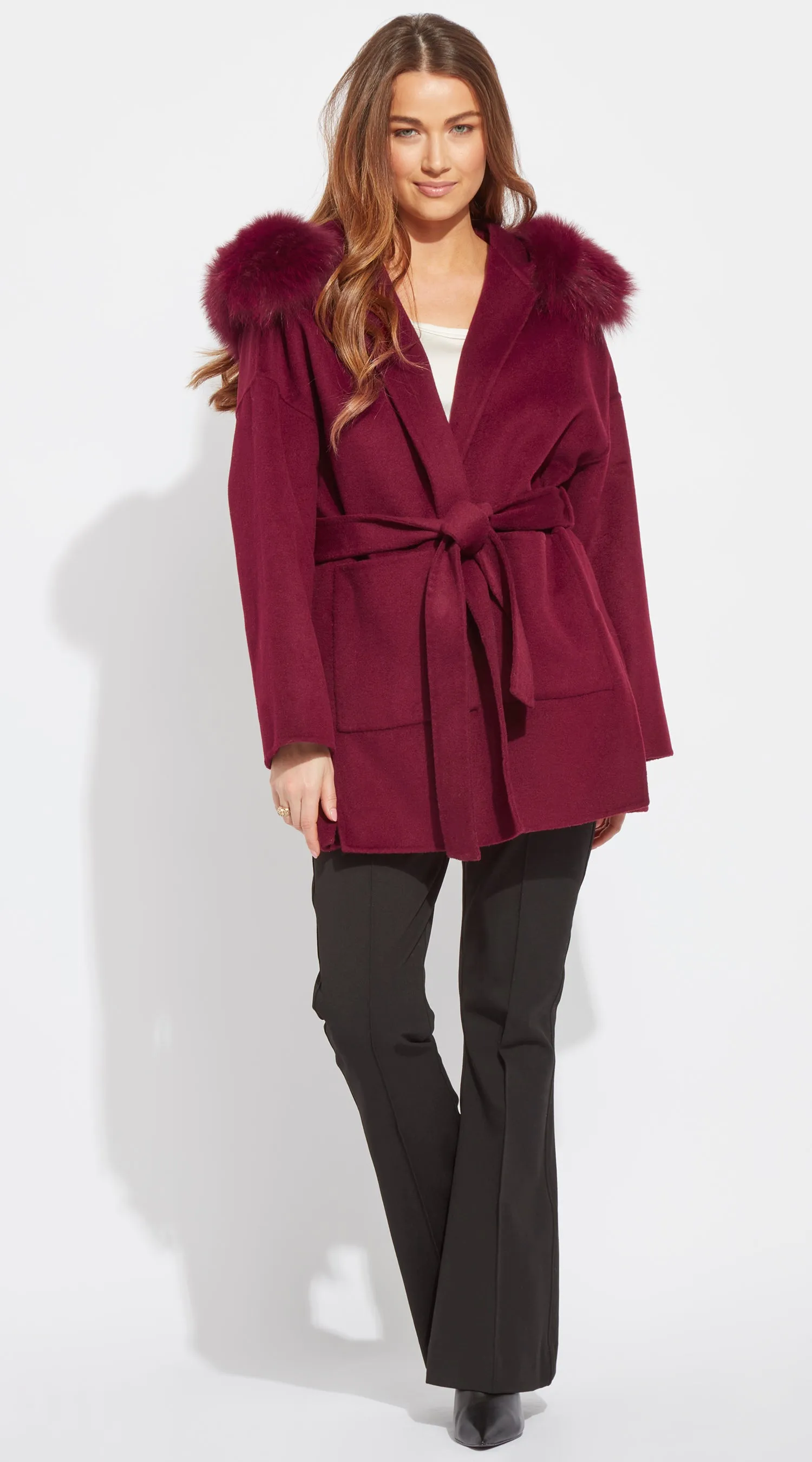 The London Cashmere & Fox Fur Belted Coat - Bordeaux