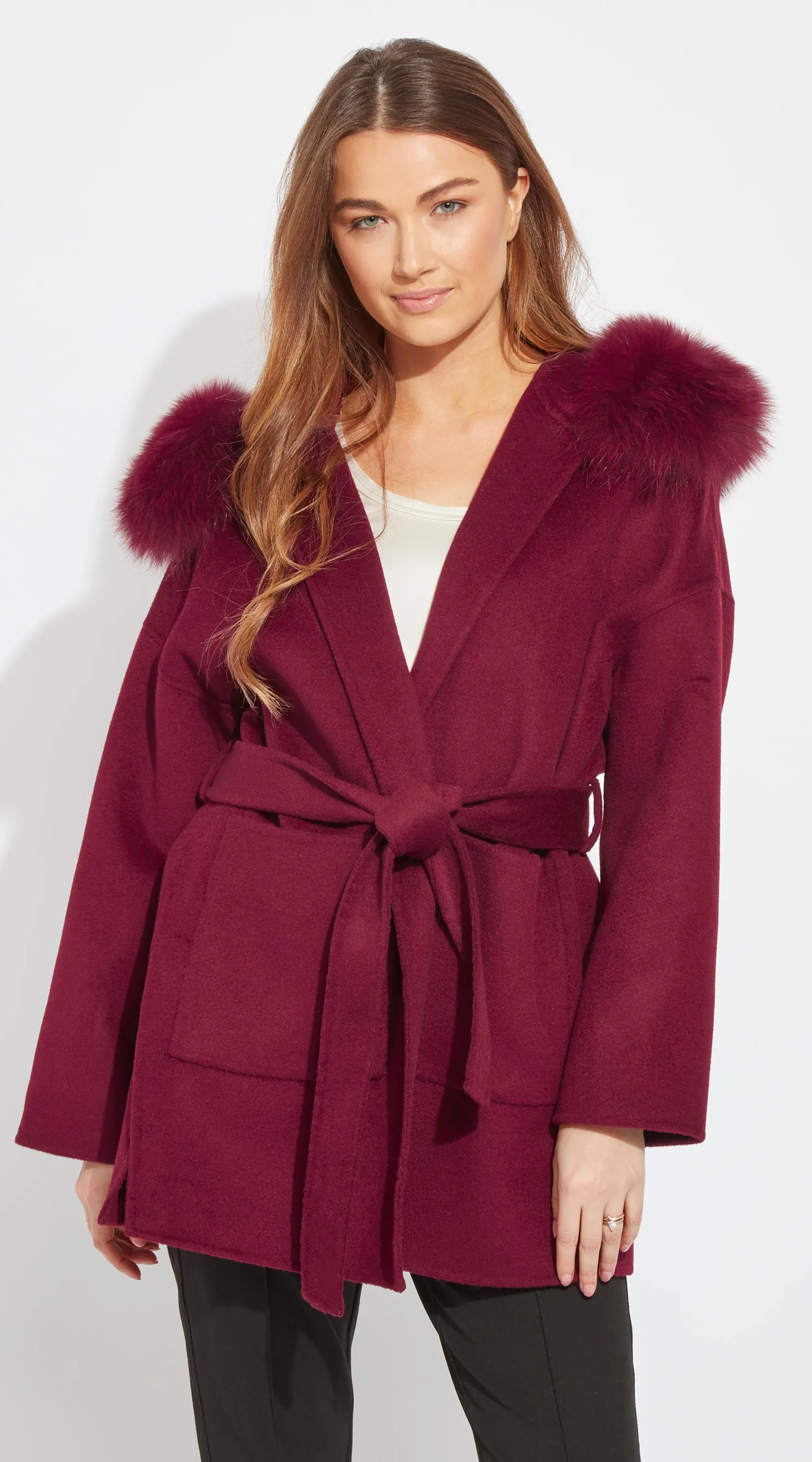 The London Cashmere & Fox Fur Belted Coat - Bordeaux