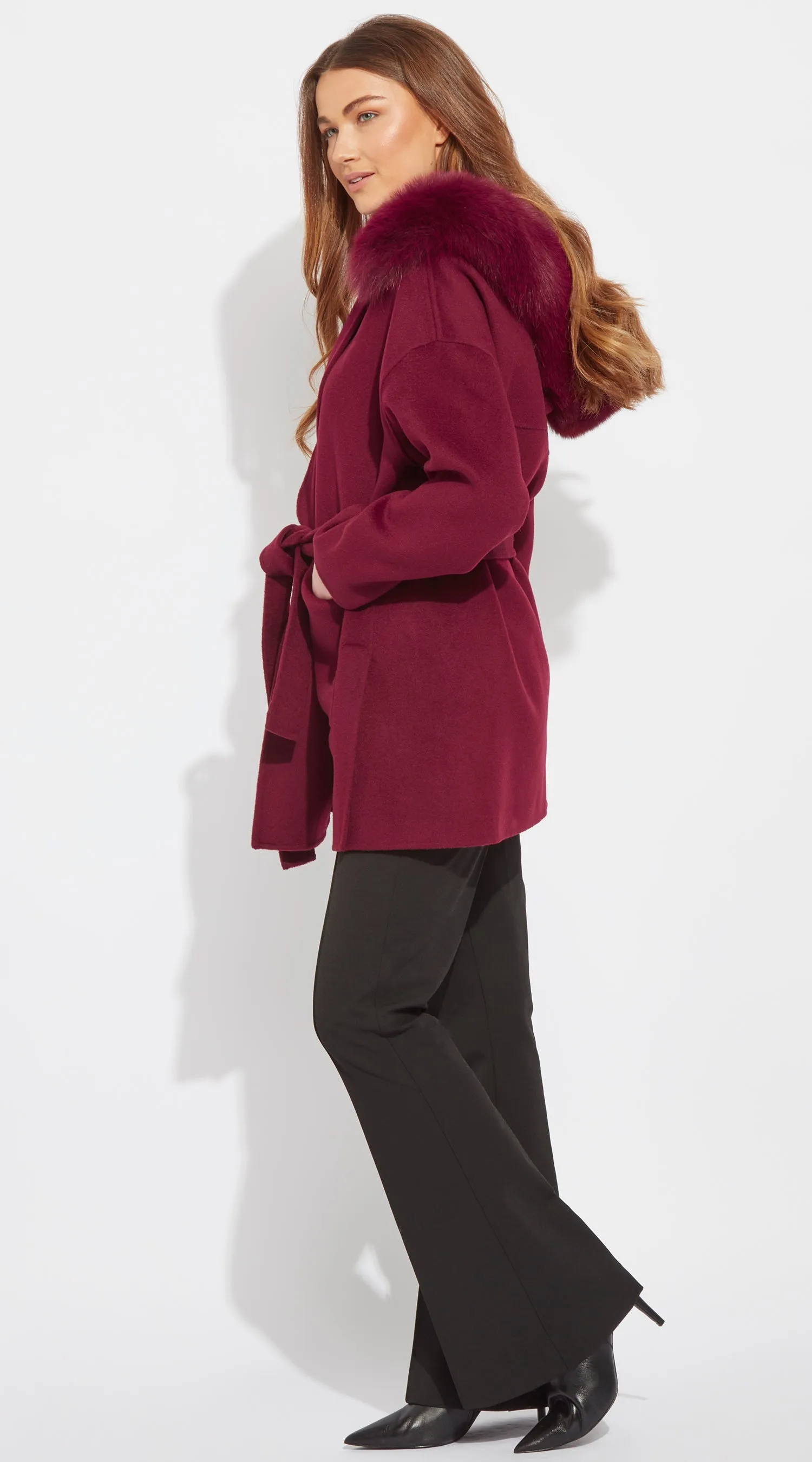 The London Cashmere & Fox Fur Belted Coat - Bordeaux