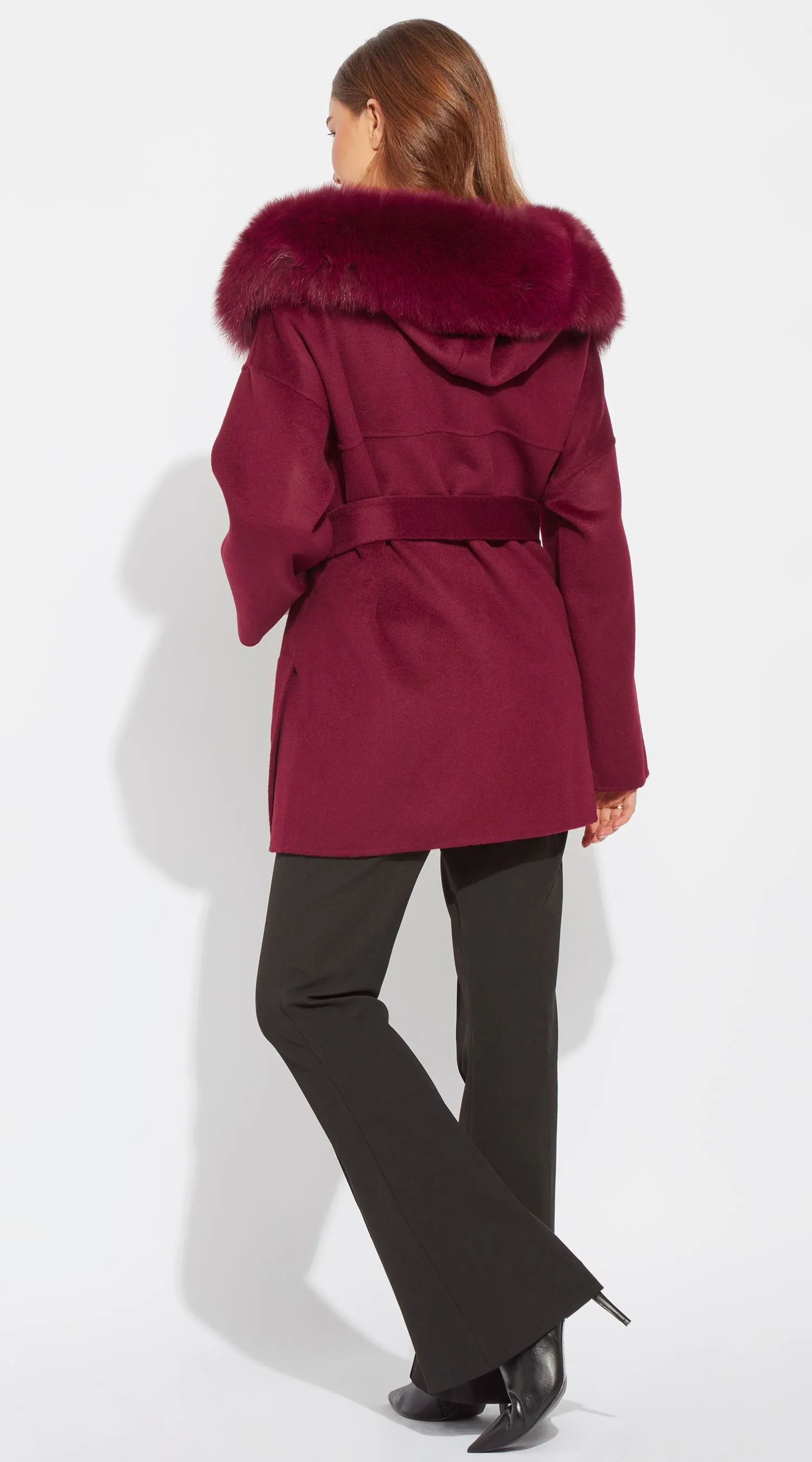 The London Cashmere & Fox Fur Belted Coat - Bordeaux