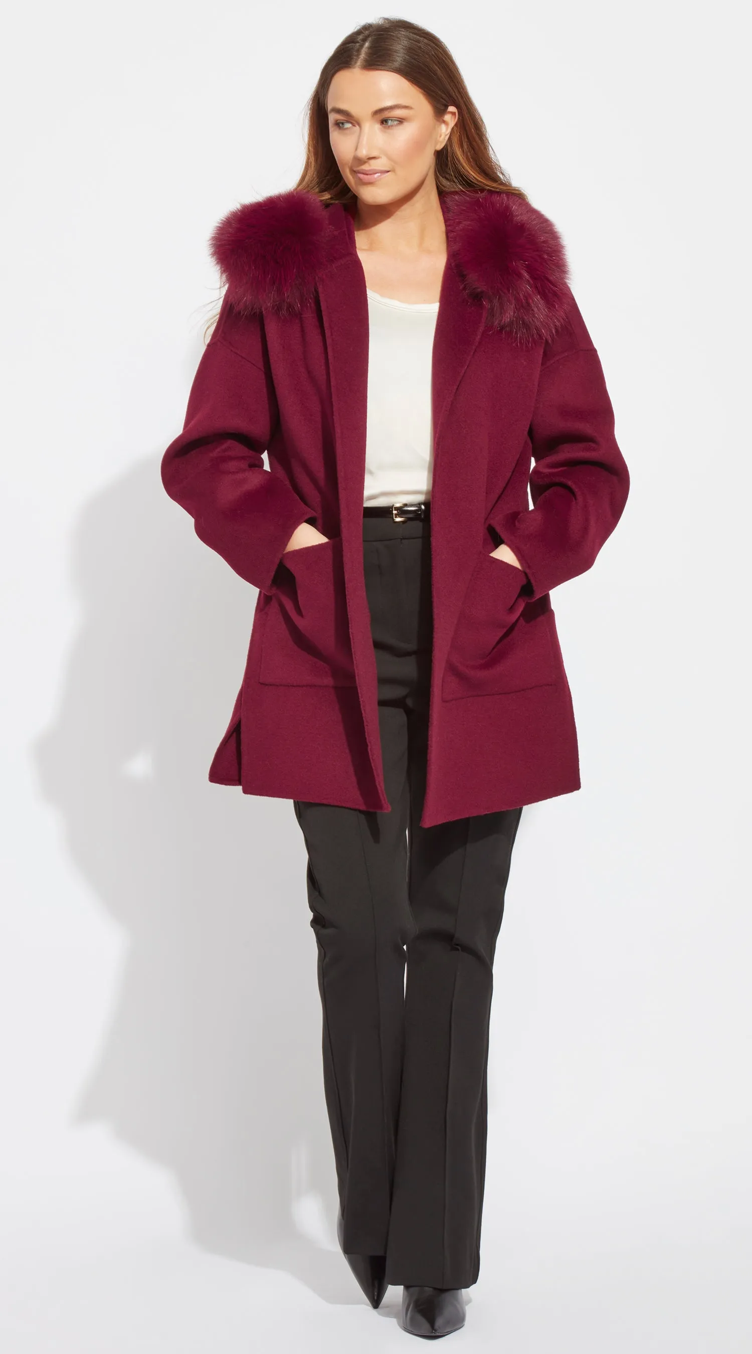 The London Cashmere & Fox Fur Belted Coat - Bordeaux