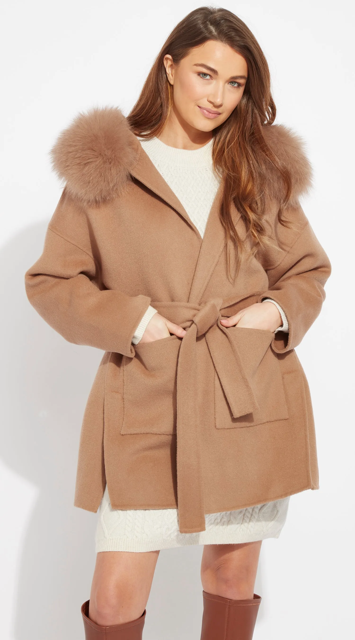 The London Cashmere & Fox Fur Belted Coat - Camel