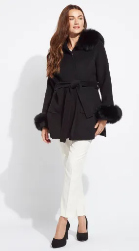 The London Cashmere & Fur Cuffed Belted Coat - Black