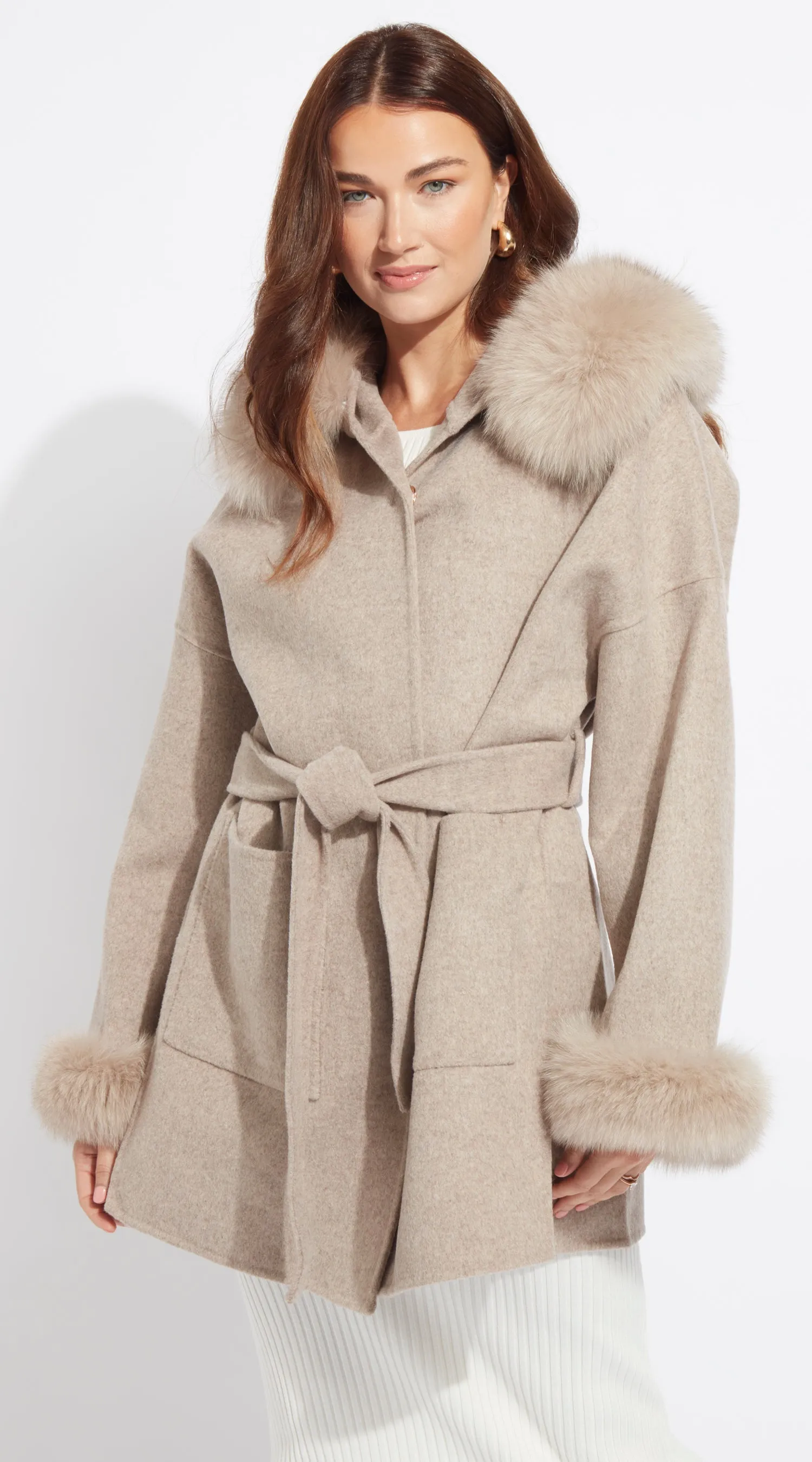 The London Cashmere & Fur Cuffed Belted Coat - Taupe