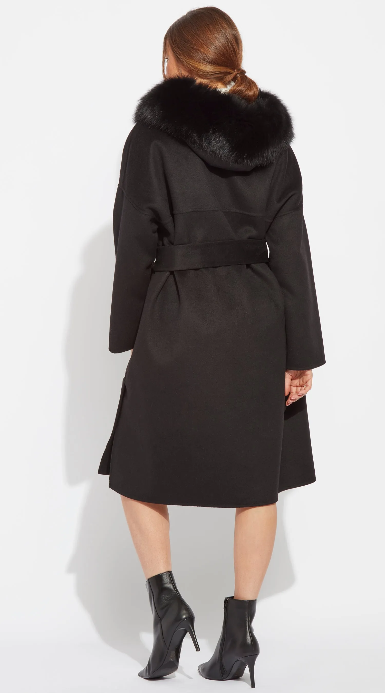 The Midi London Cashmere & Fox Fur Belted Coat - Black