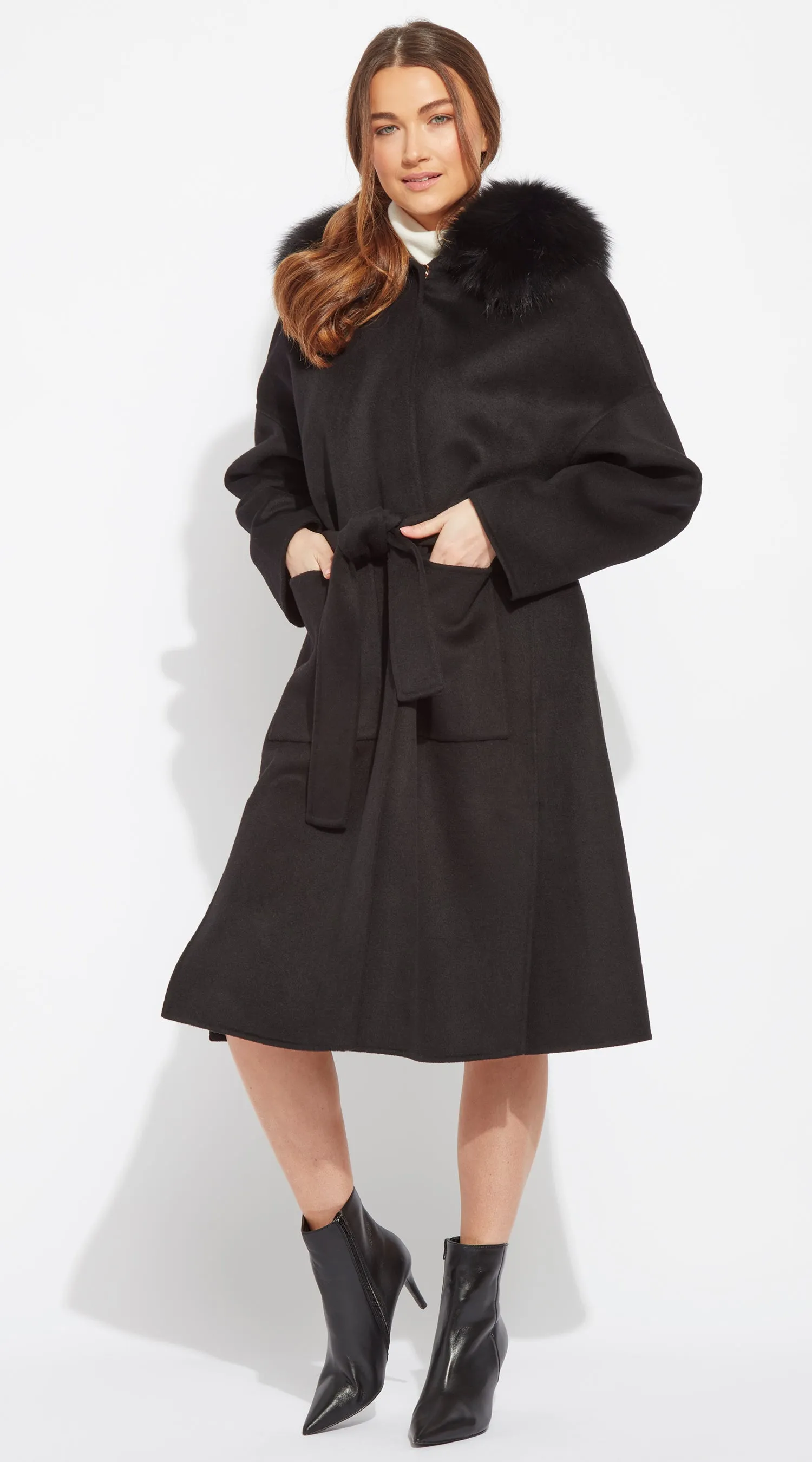 The Midi London Cashmere & Fox Fur Belted Coat - Black