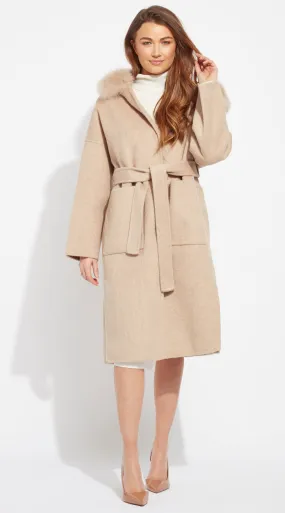 The Midi London Cashmere & Fox Fur Belted Coat - Golden Beige