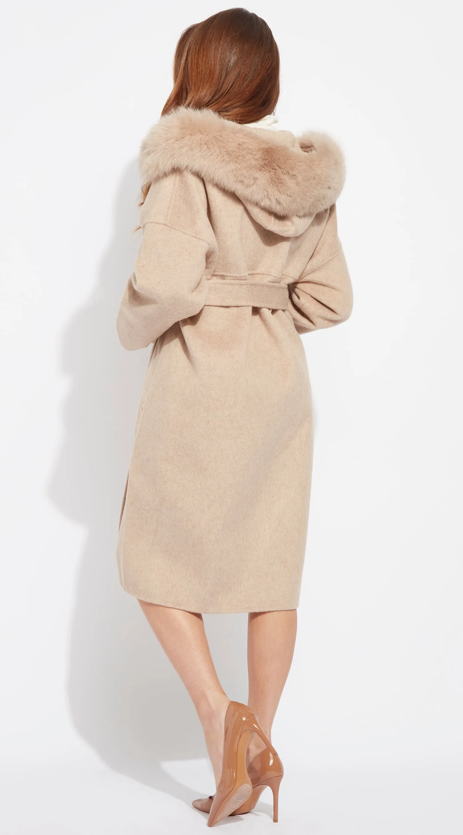 The Midi London Cashmere & Fox Fur Belted Coat - Golden Beige