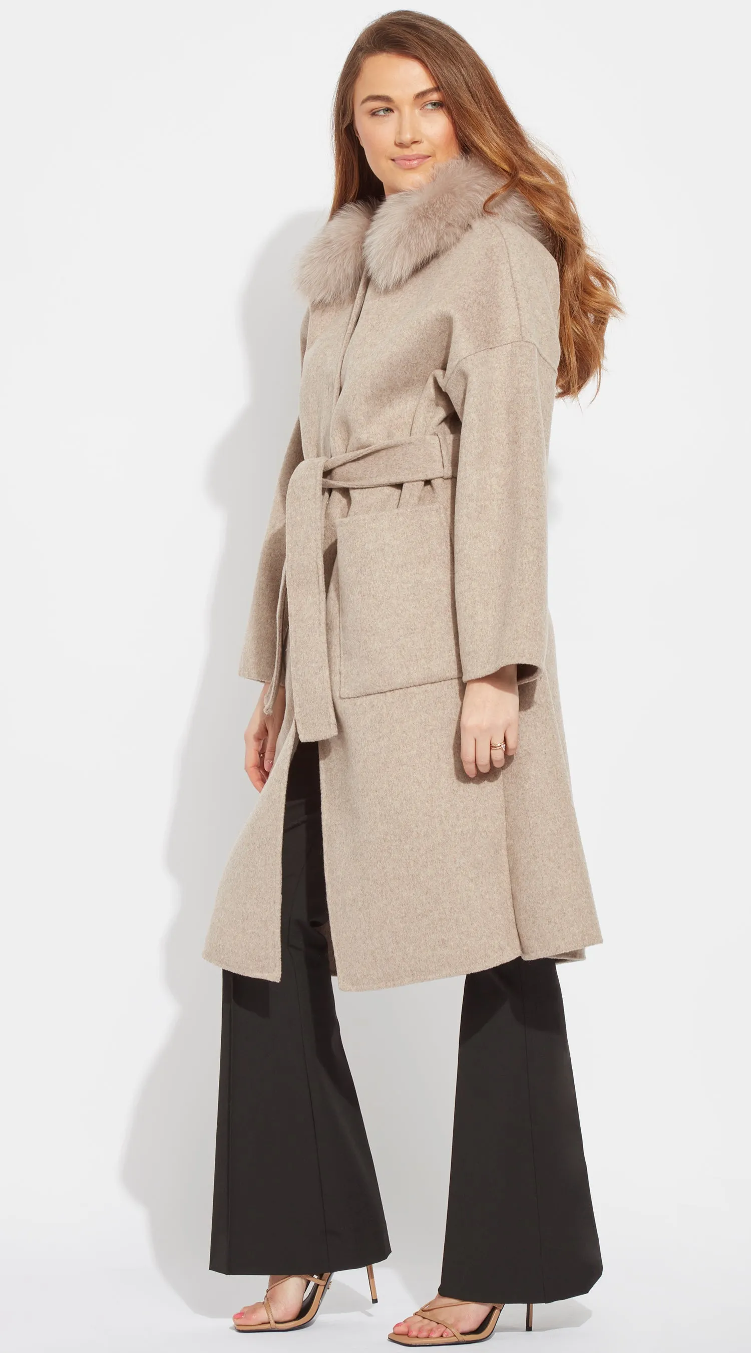 The Midi London Cashmere & Fox Fur Belted Coat - Taupe