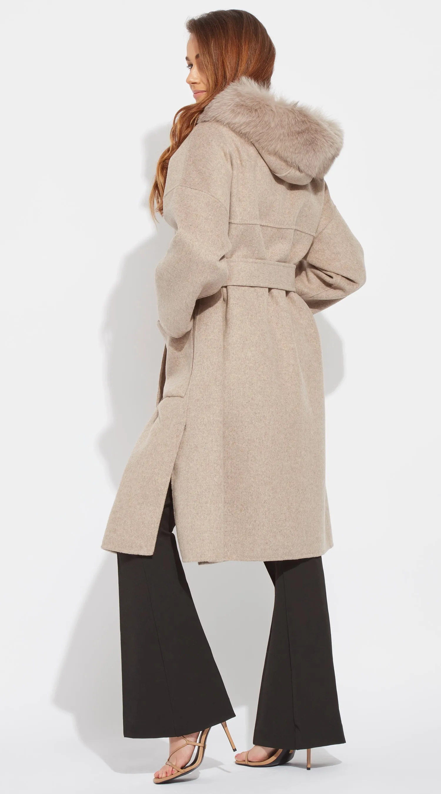 The Midi London Cashmere & Fox Fur Belted Coat - Taupe