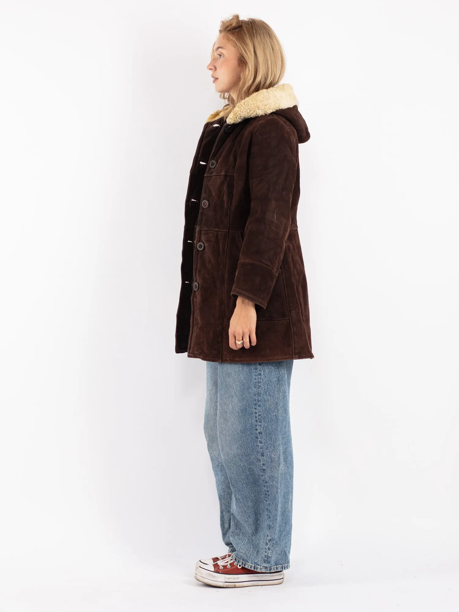 Vintage 70's Women Hooded Sheepskin Coat in Brown