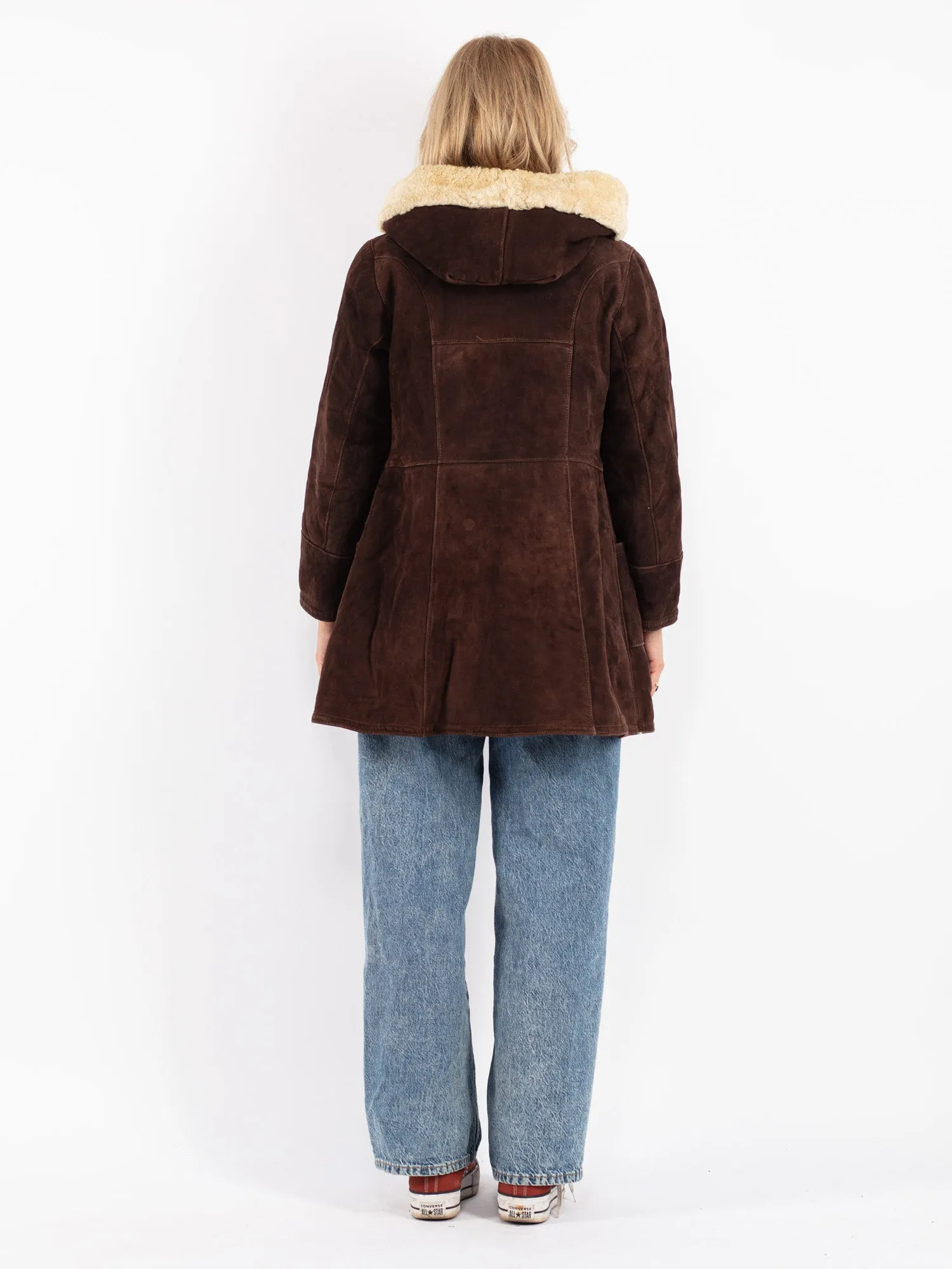 Vintage 70's Women Hooded Sheepskin Coat in Brown