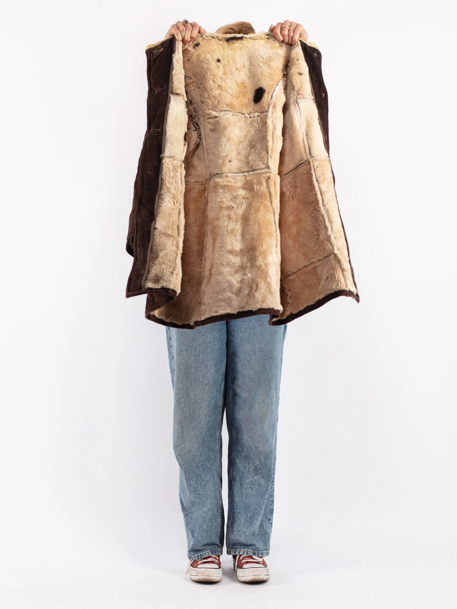 Vintage 70's Women Hooded Sheepskin Coat in Brown