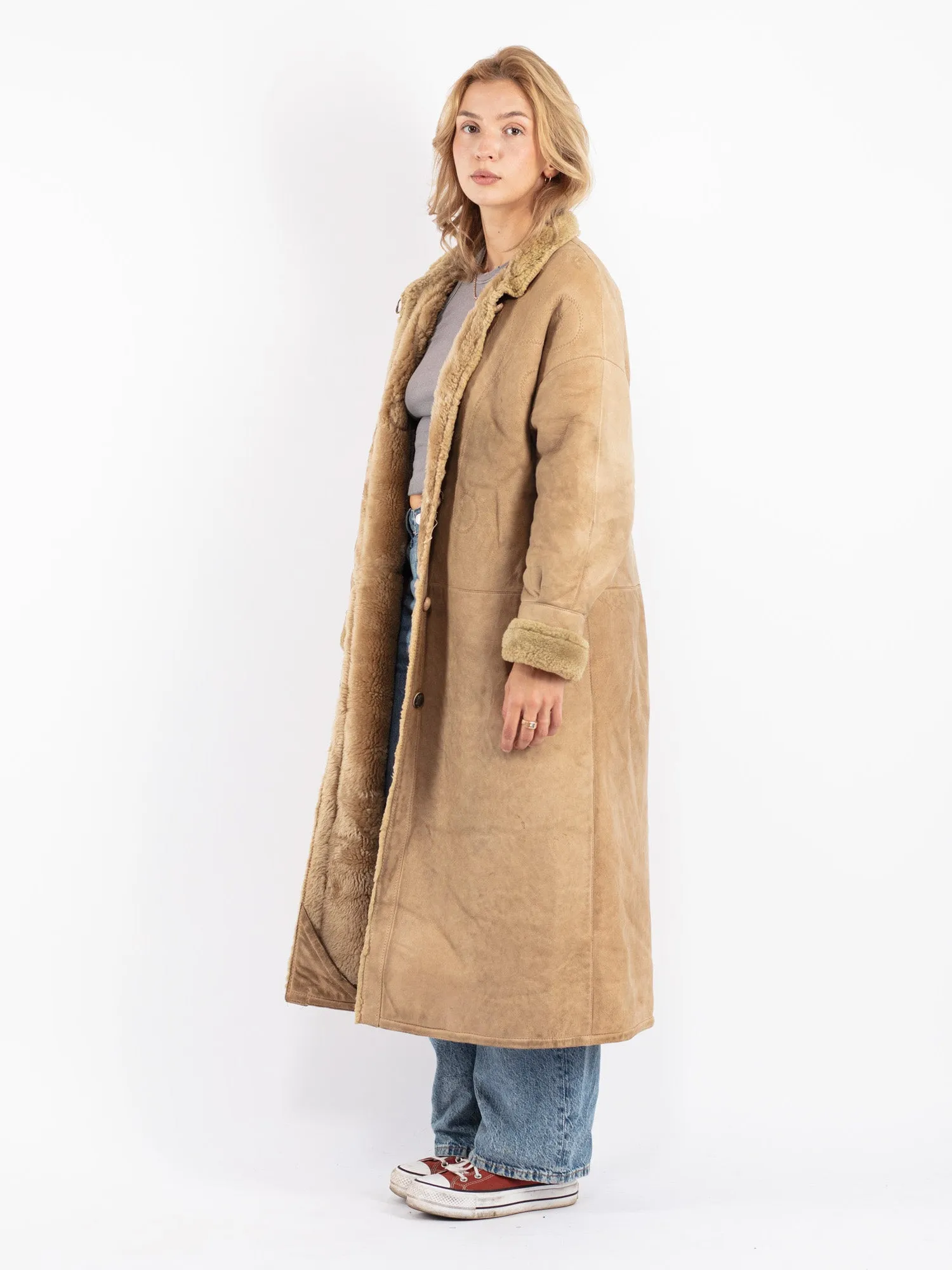 Vintage 70's Women Sheepskin Long Coat in Beige