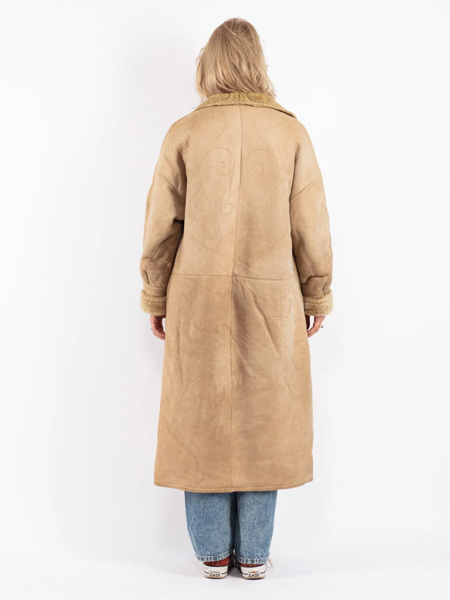 Vintage 70's Women Sheepskin Long Coat in Beige