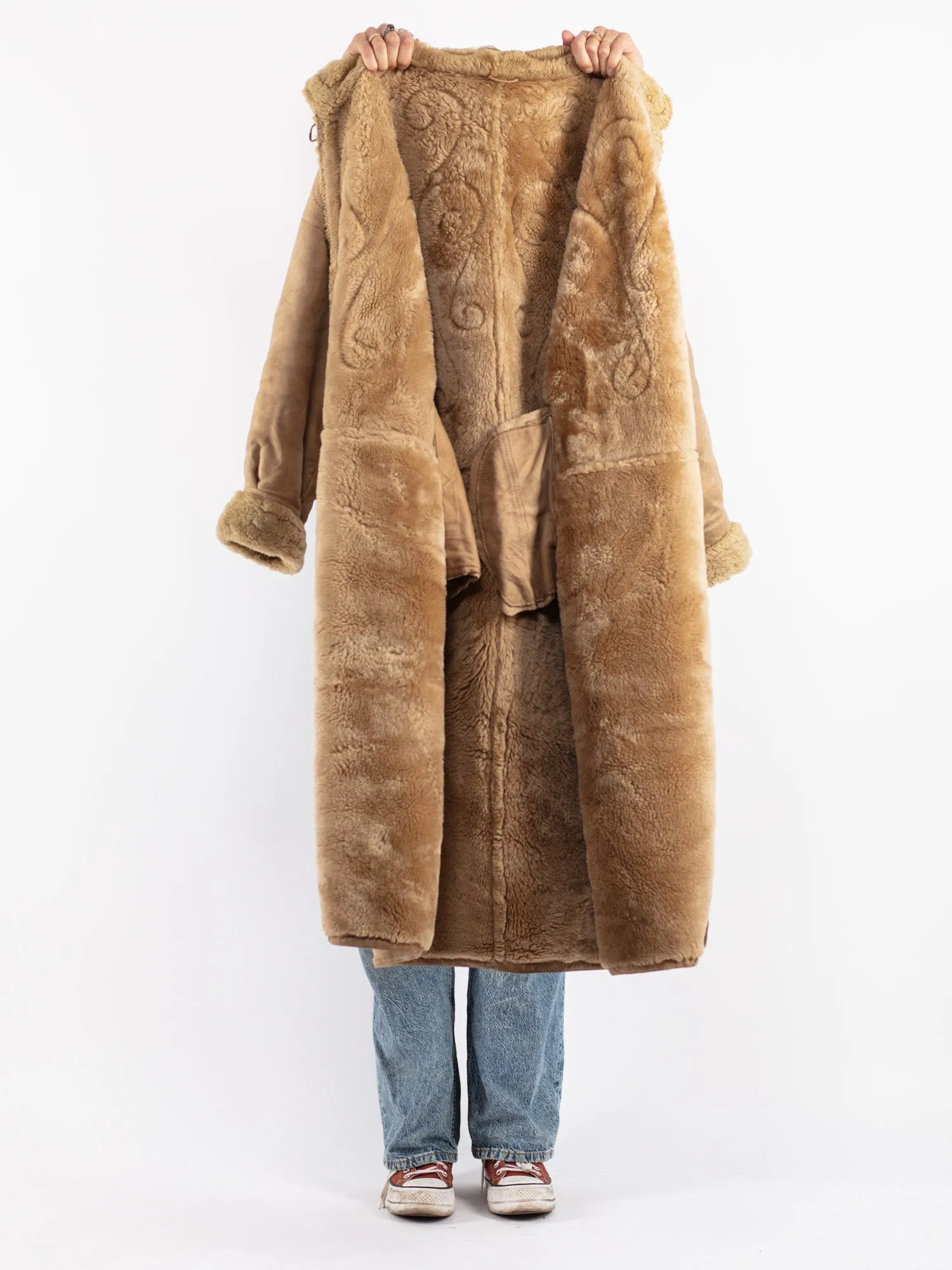 Vintage 70's Women Sheepskin Long Coat in Beige