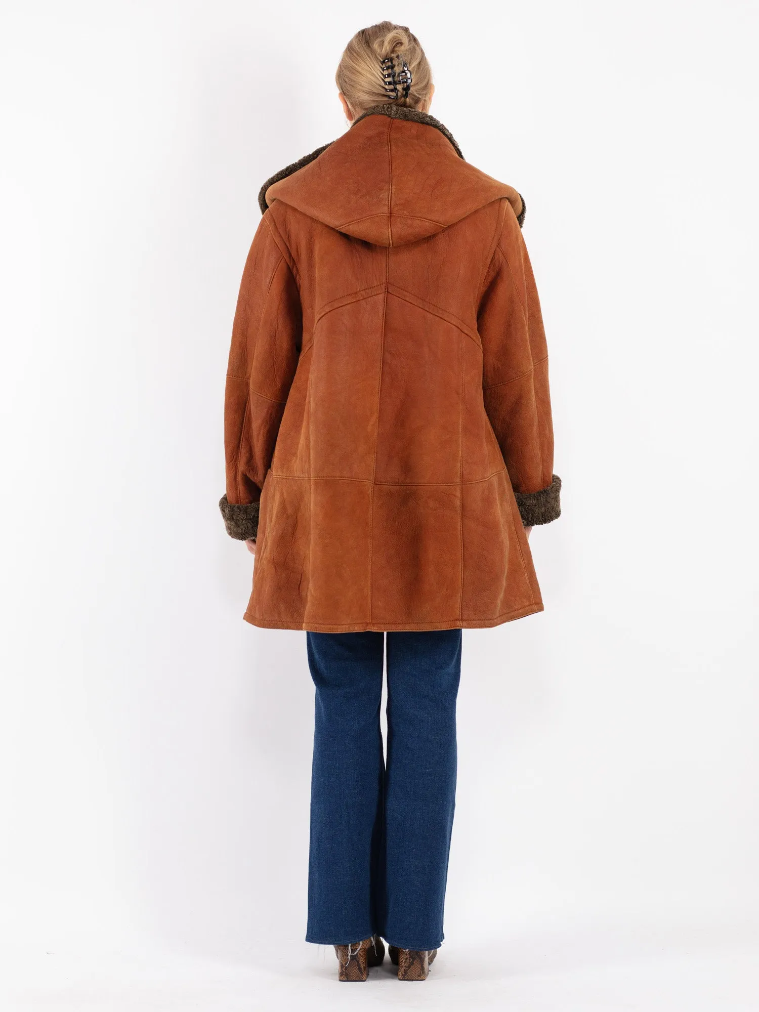 Vintage 80's Women Hooded Sheepskin Coat in Brown