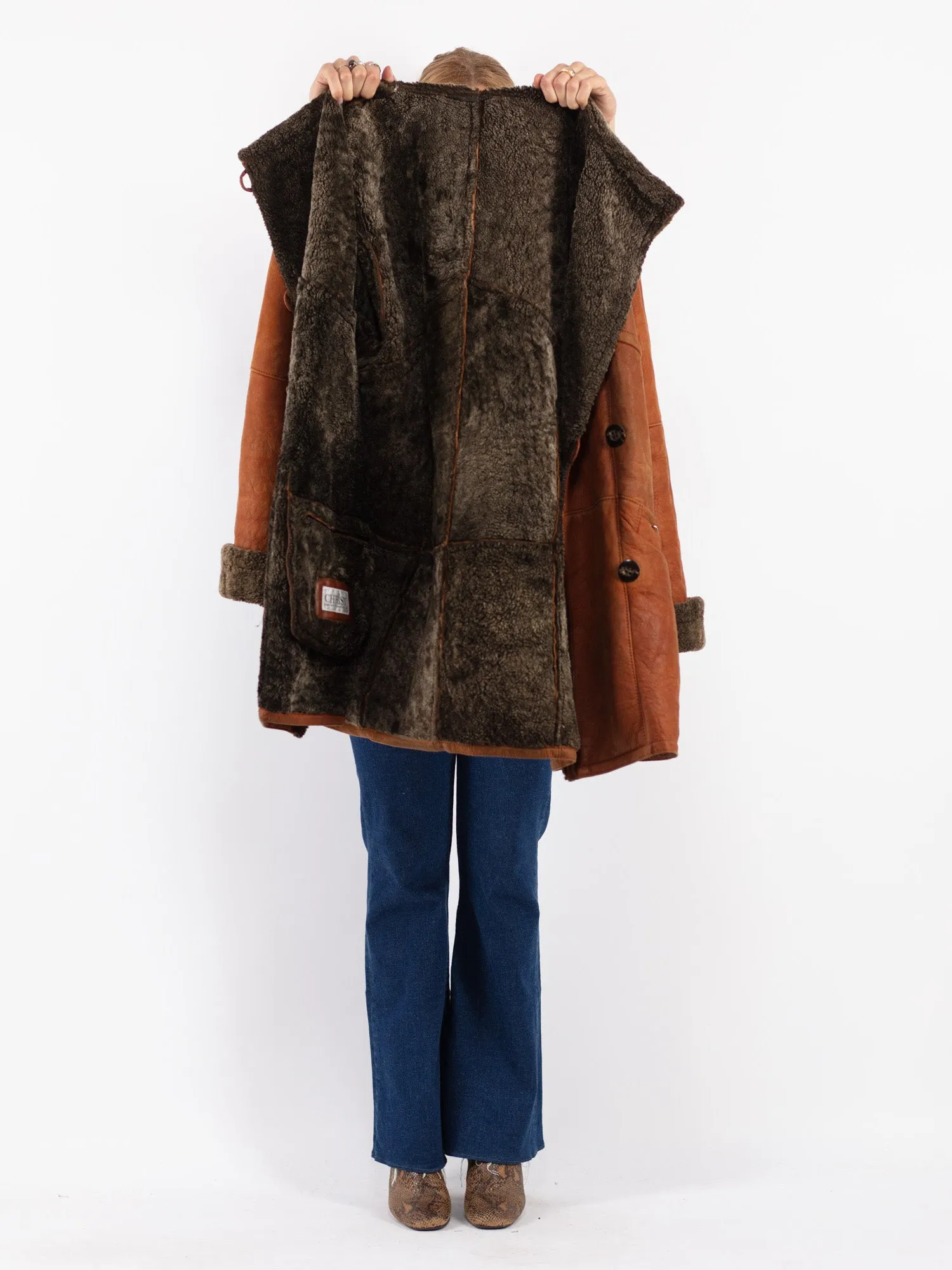 Vintage 80's Women Hooded Sheepskin Coat in Brown