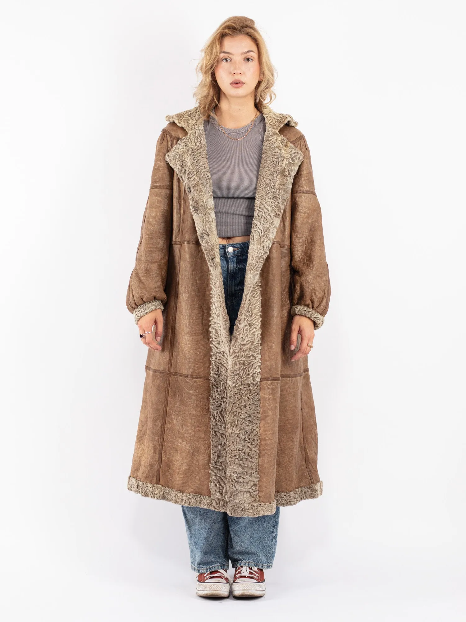 Vintage 80's Women Sheepskin Long Coat in Beige