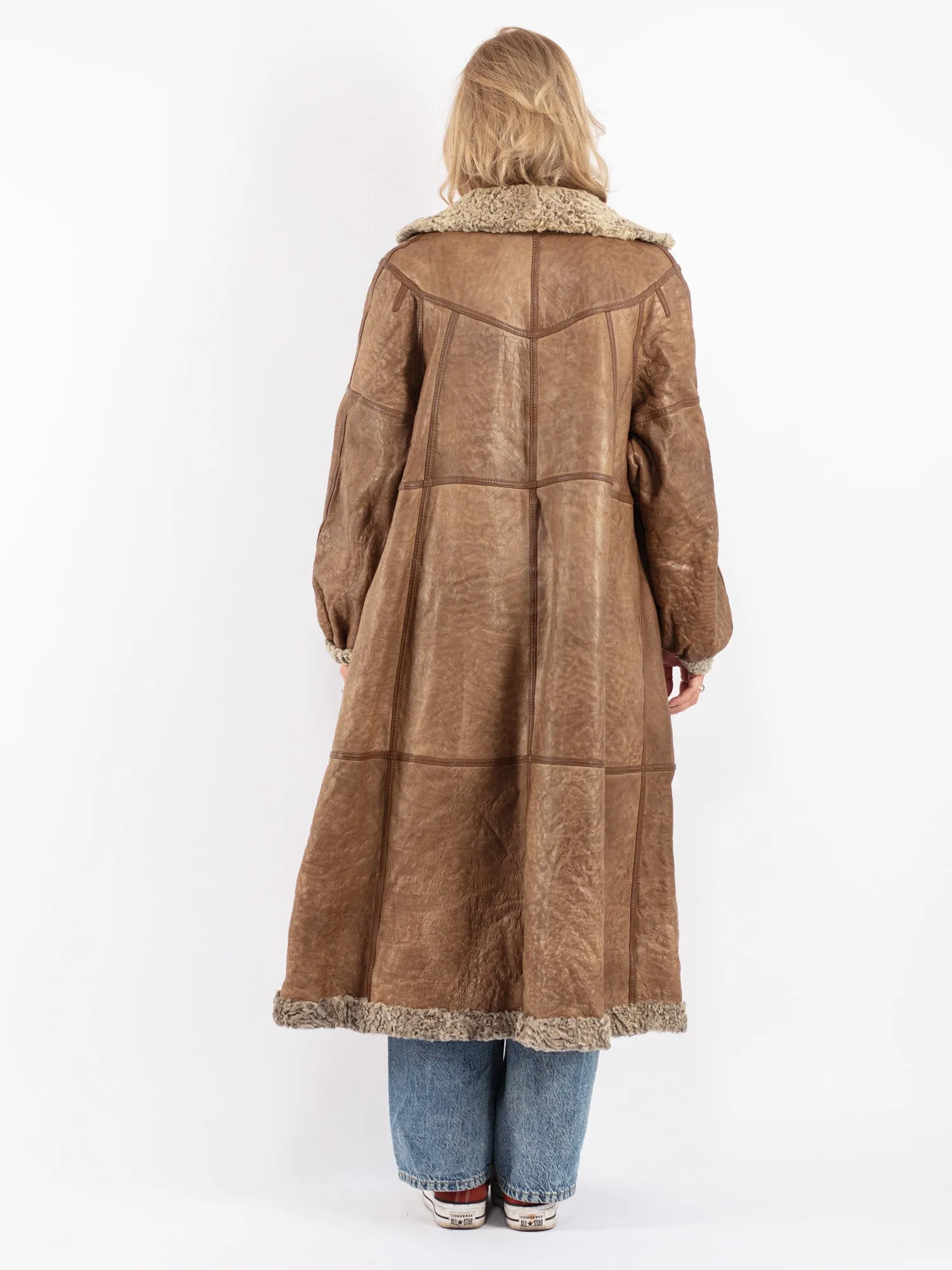 Vintage 80's Women Sheepskin Long Coat in Beige