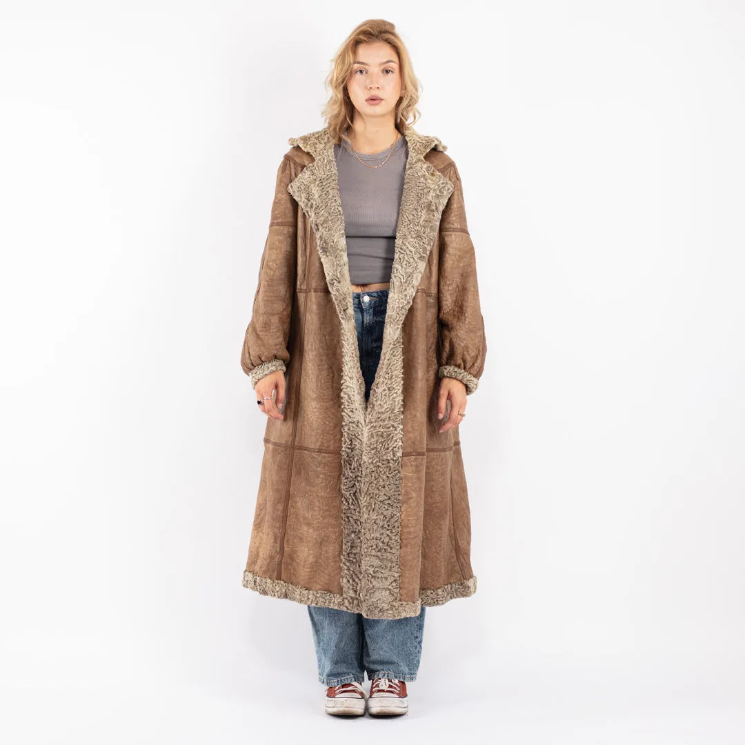 Vintage 80's Women Sheepskin Long Coat in Beige