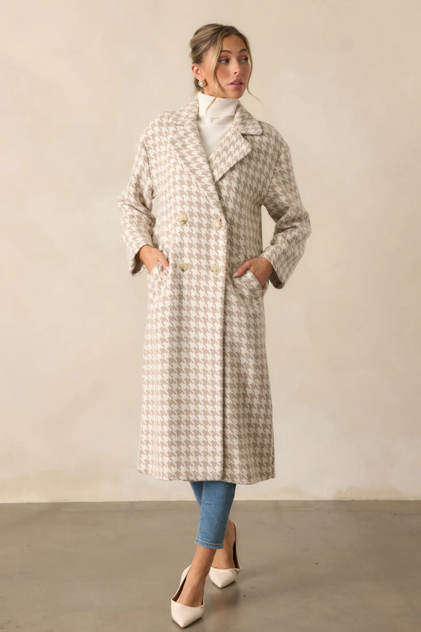 Watching The Wind Beige Houndstooth Trench Coat