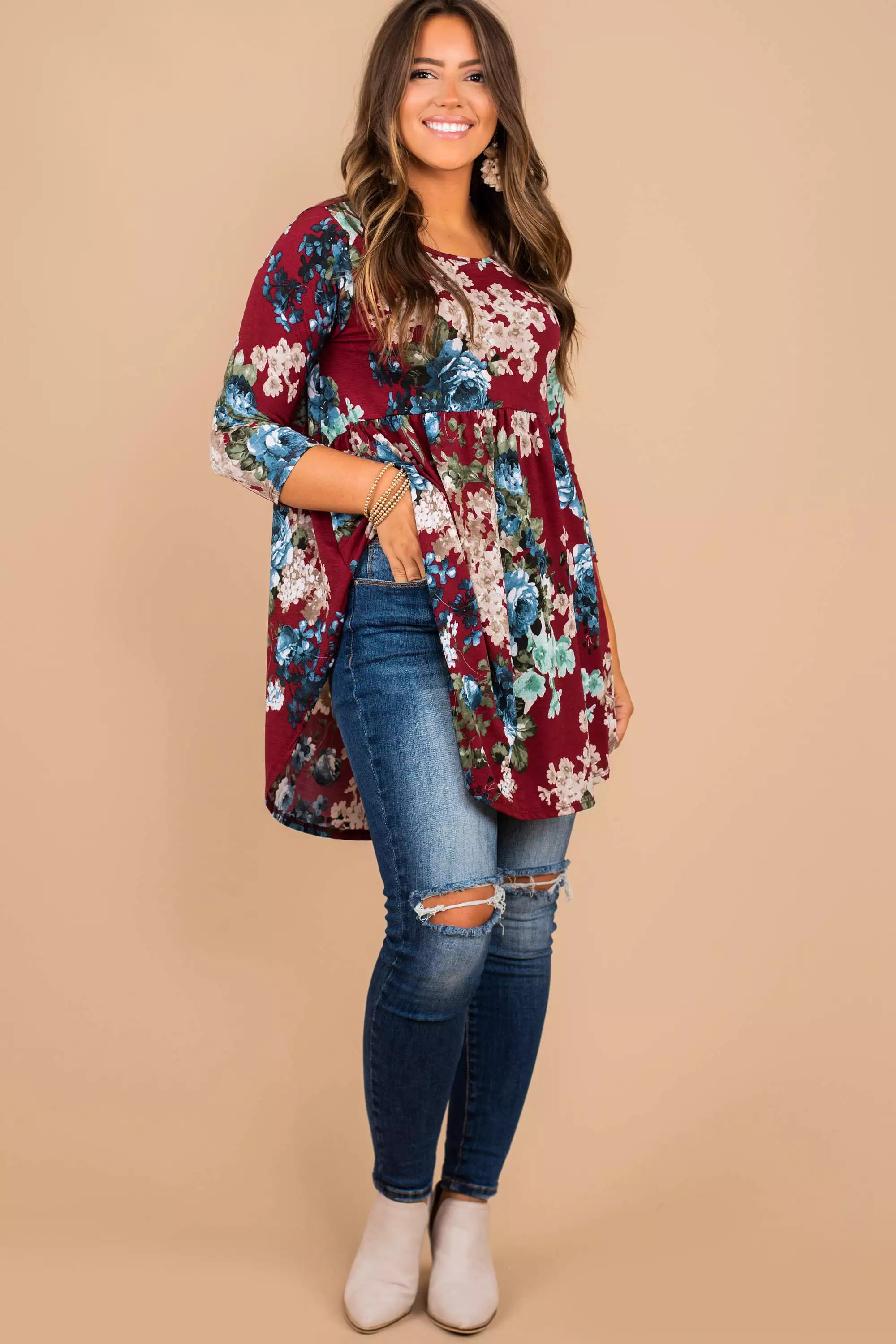 Whatever Happens Burgundy Red Floral Tunic